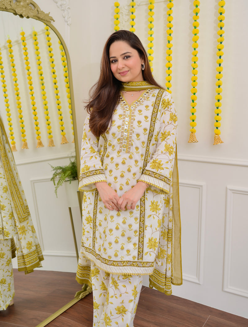 Ivory Yellow Floral Mirror Work Cotton Suit