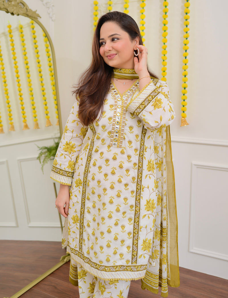 Ivory Yellow Floral Mirror Work Cotton Suit