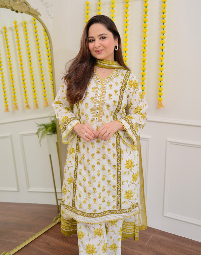 Ivory Yellow Floral Mirror Work Cotton Suit