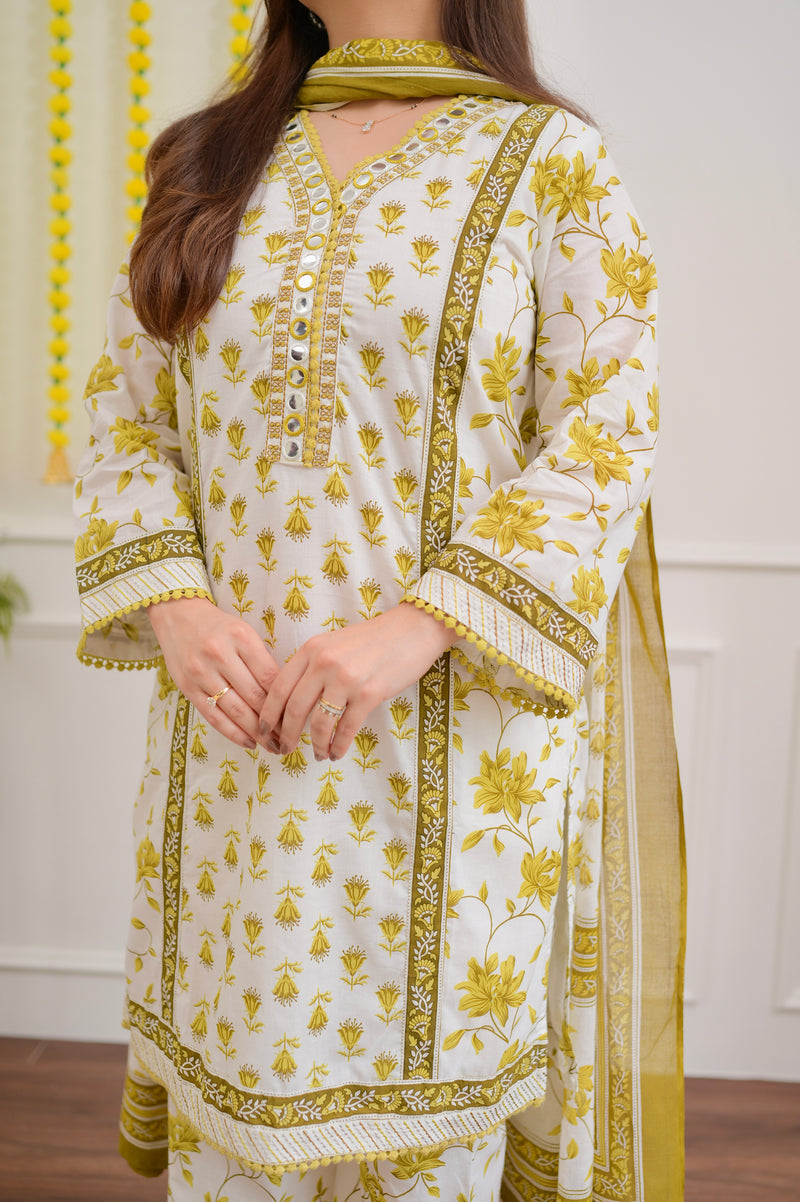Ivory Yellow Floral Mirror Work Cotton Suit