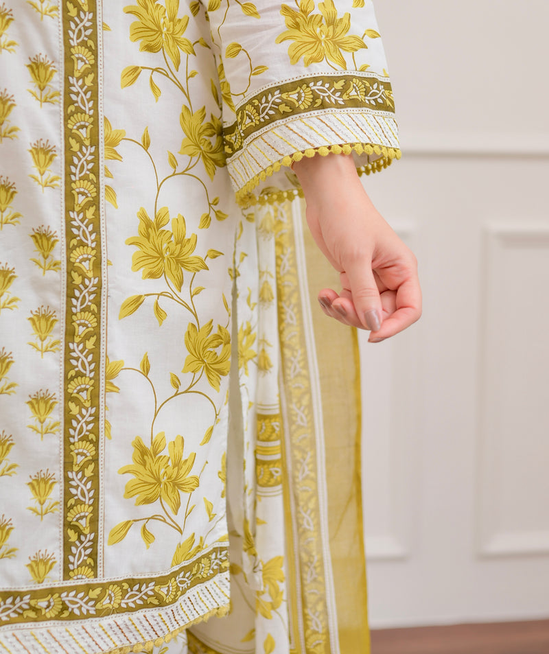 Ivory Yellow Floral Mirror Work Cotton Suit