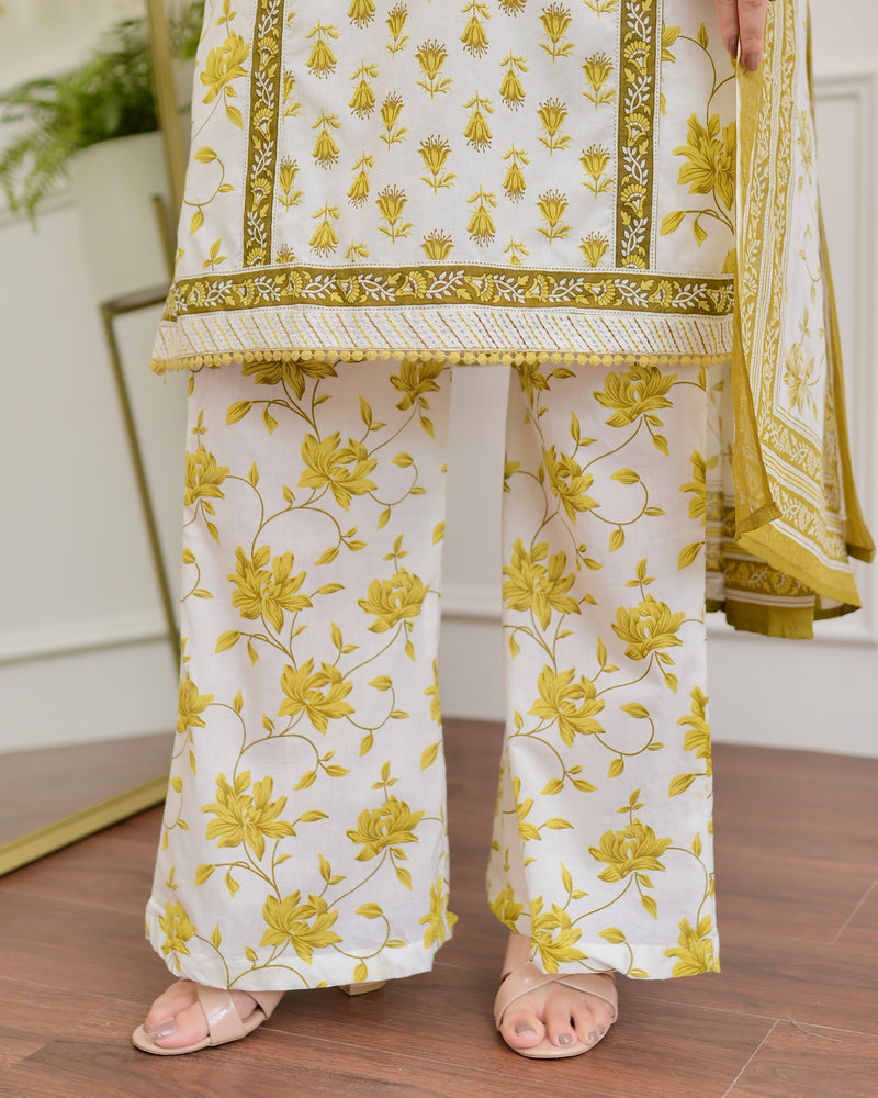 Ivory Yellow Floral Mirror Work Cotton Suit