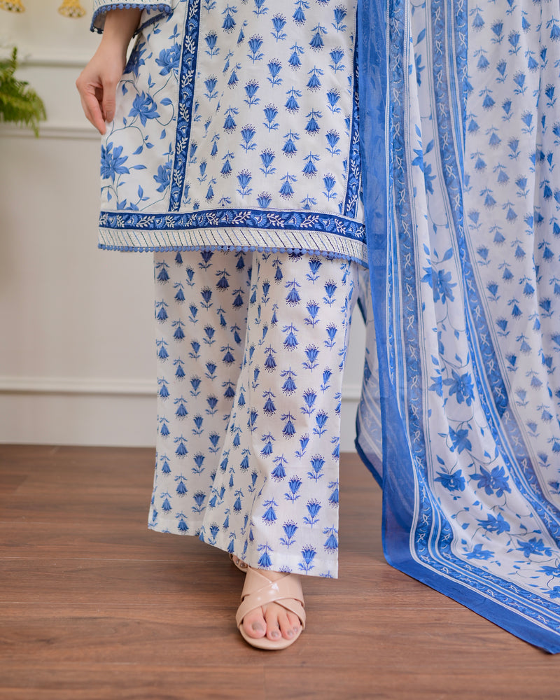 Ivory Blue Floral Mirror Work Cotton Suit