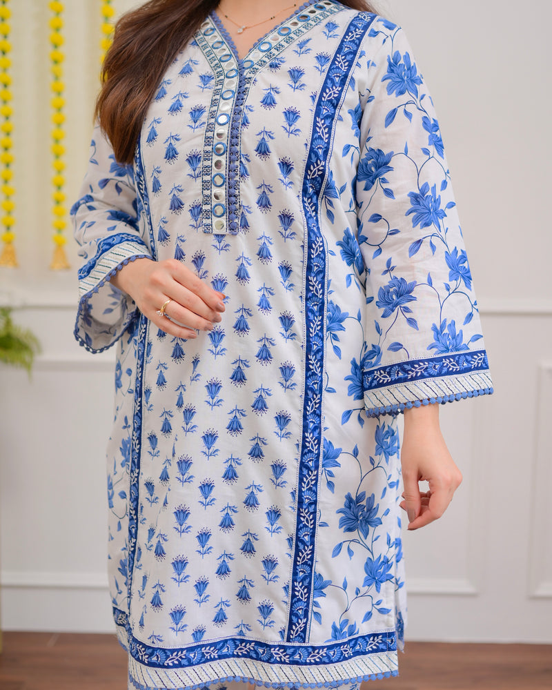 Ivory Blue Floral Mirror Work Cotton Suit