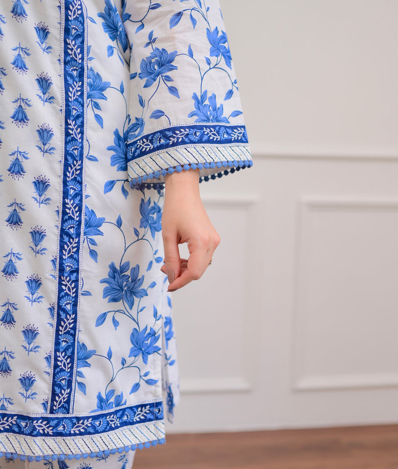 Ivory Blue Floral Mirror Work Cotton Suit
