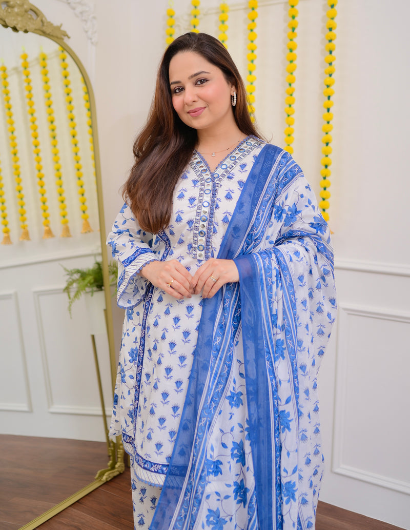 Ivory Blue Floral Mirror Work Cotton Suit