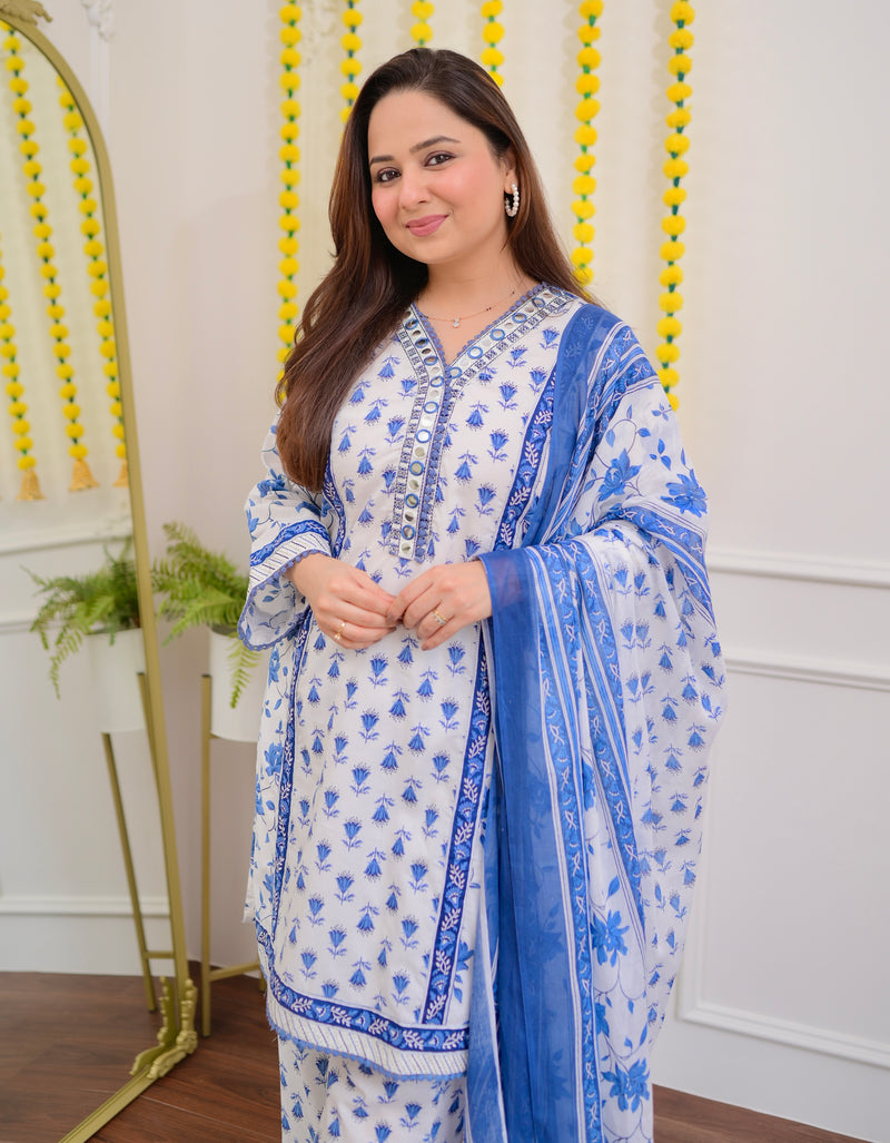 Ivory Blue Floral Mirror Work Cotton Suit