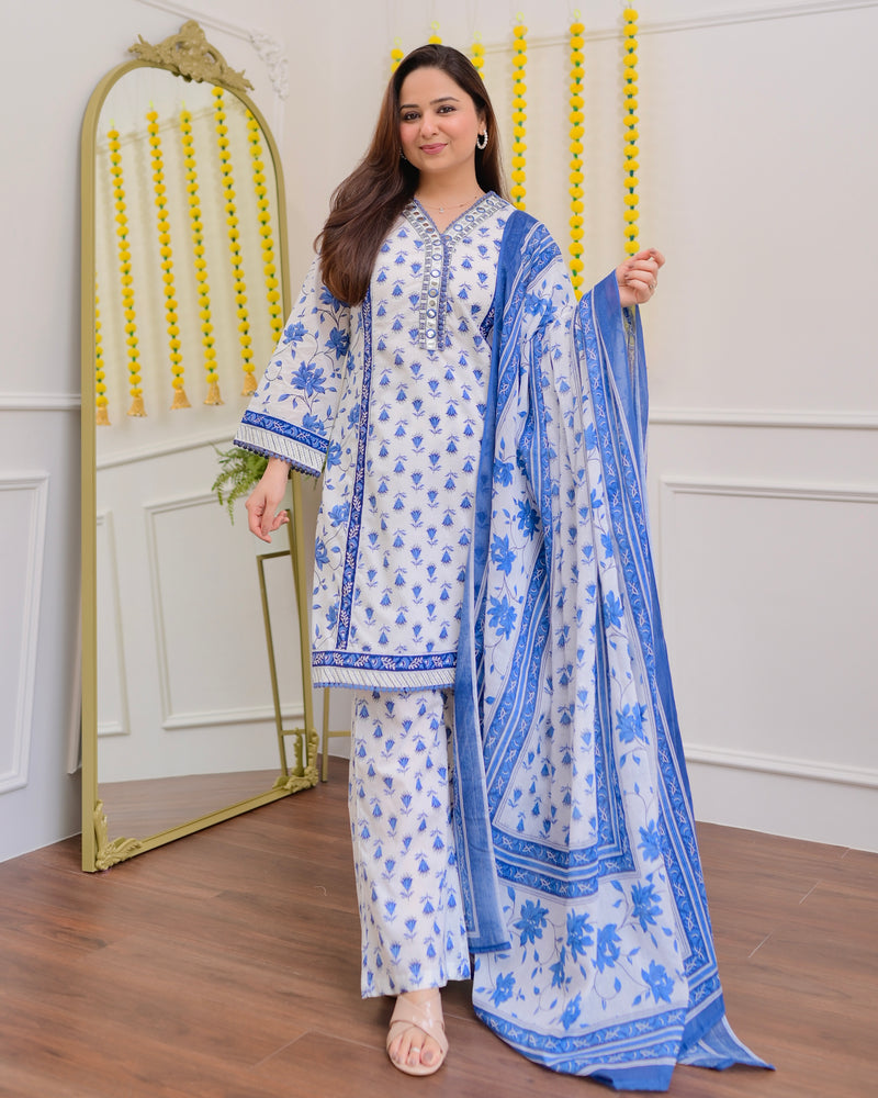 Ivory Blue Floral Mirror Work Cotton Suit