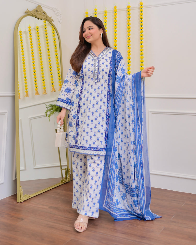 Ivory Blue Floral Mirror Work Cotton Suit