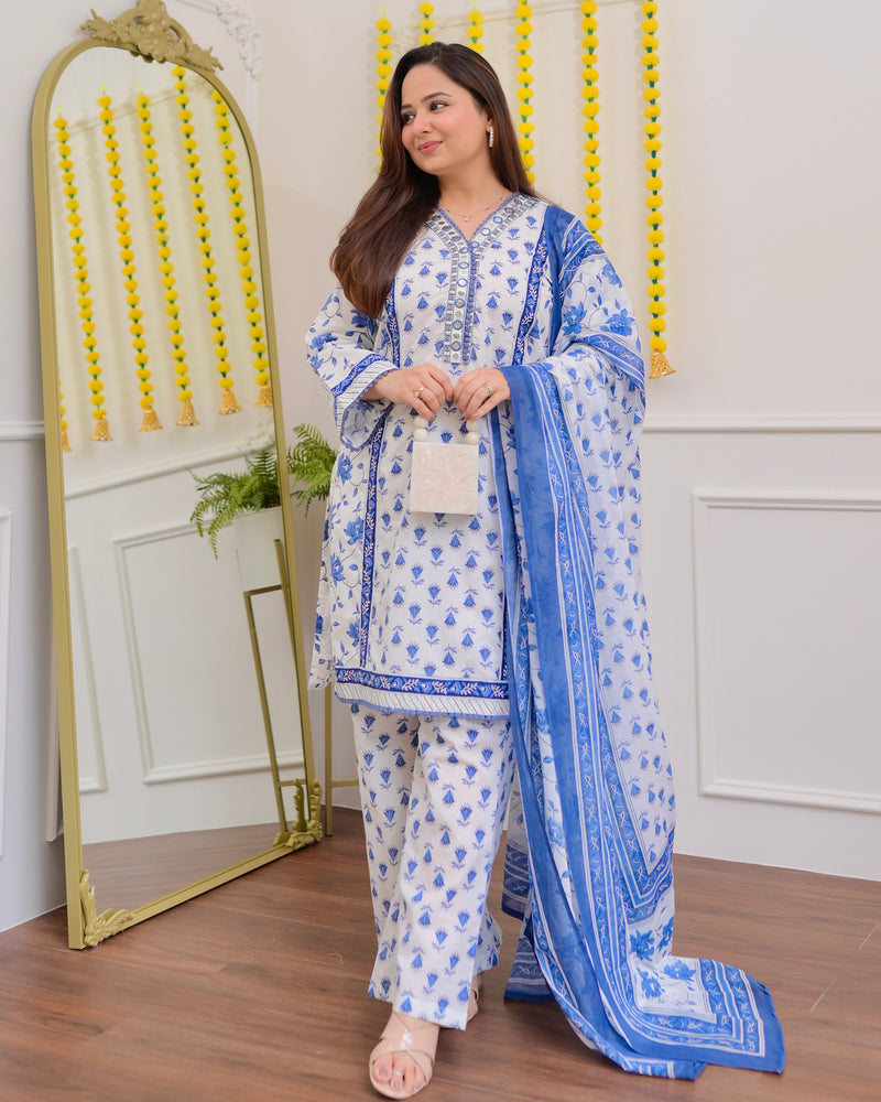 Ivory Blue Floral Mirror Work Cotton Suit