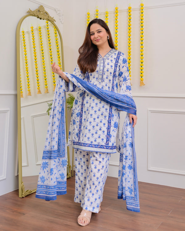 Ivory Blue Floral Mirror Work Cotton Suit
