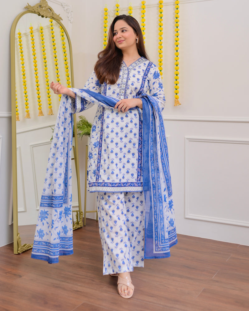 Ivory Blue Floral Mirror Work Cotton Suit