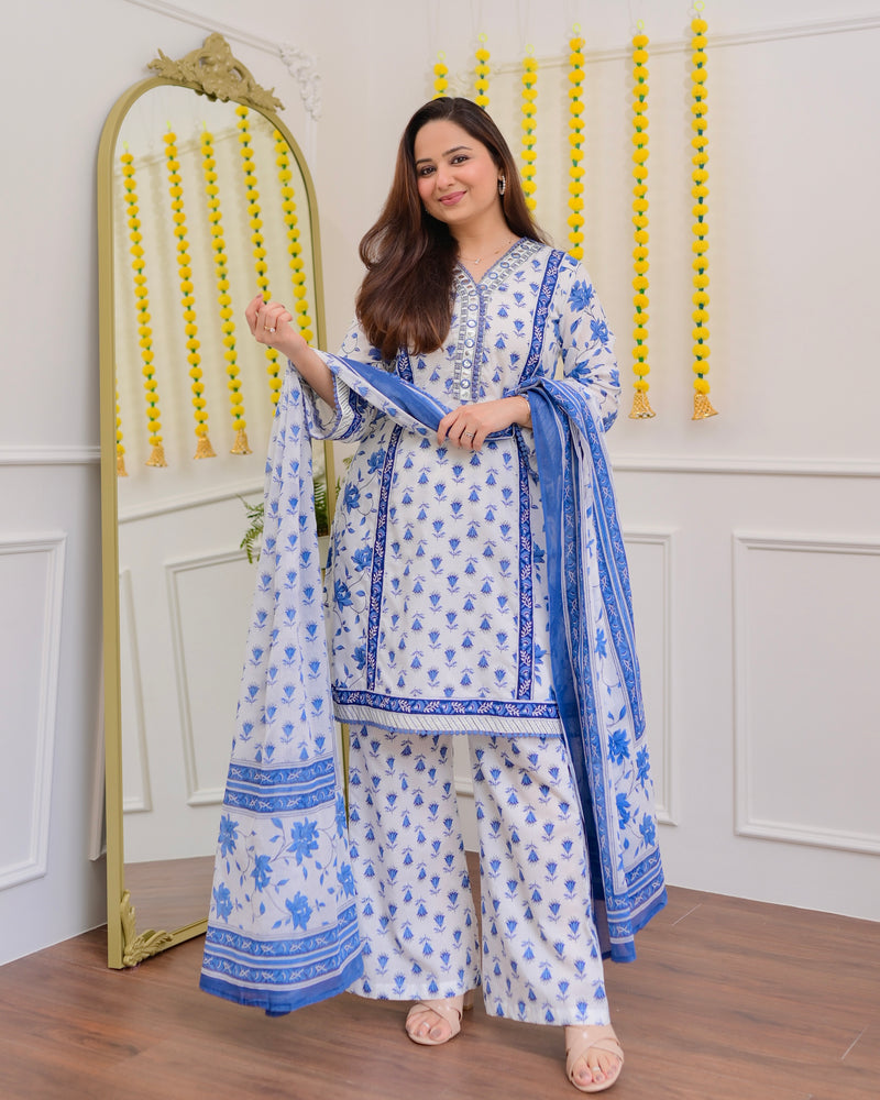 Ivory Blue Floral Mirror Work Cotton Suit