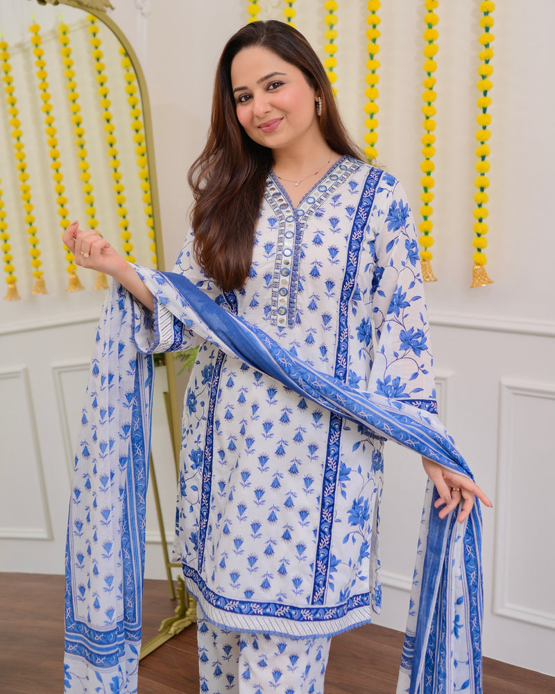 Ivory Blue Floral Mirror Work Cotton Suit