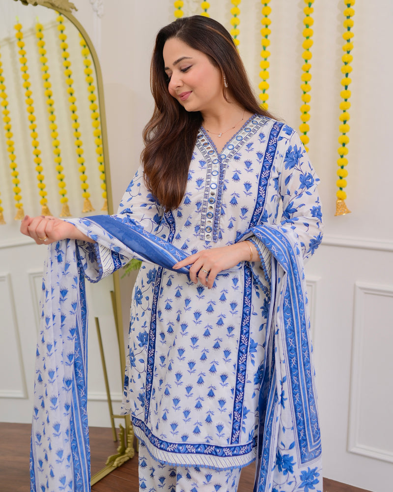 Ivory Blue Floral Mirror Work Cotton Suit