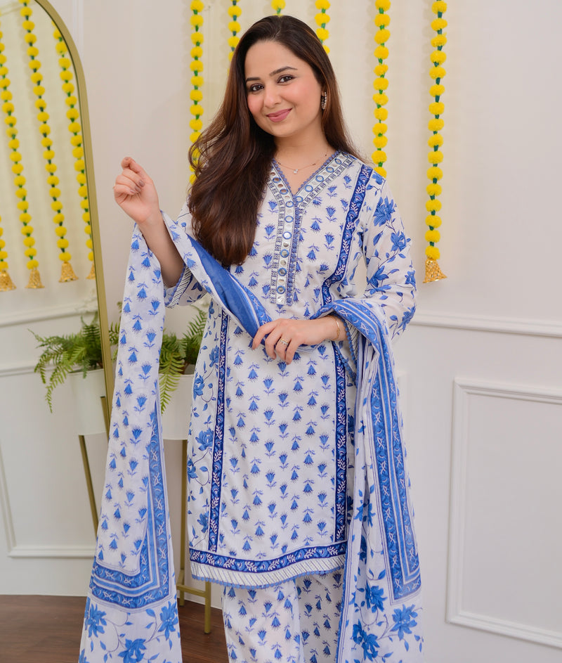 Ivory Blue Floral Mirror Work Cotton Suit