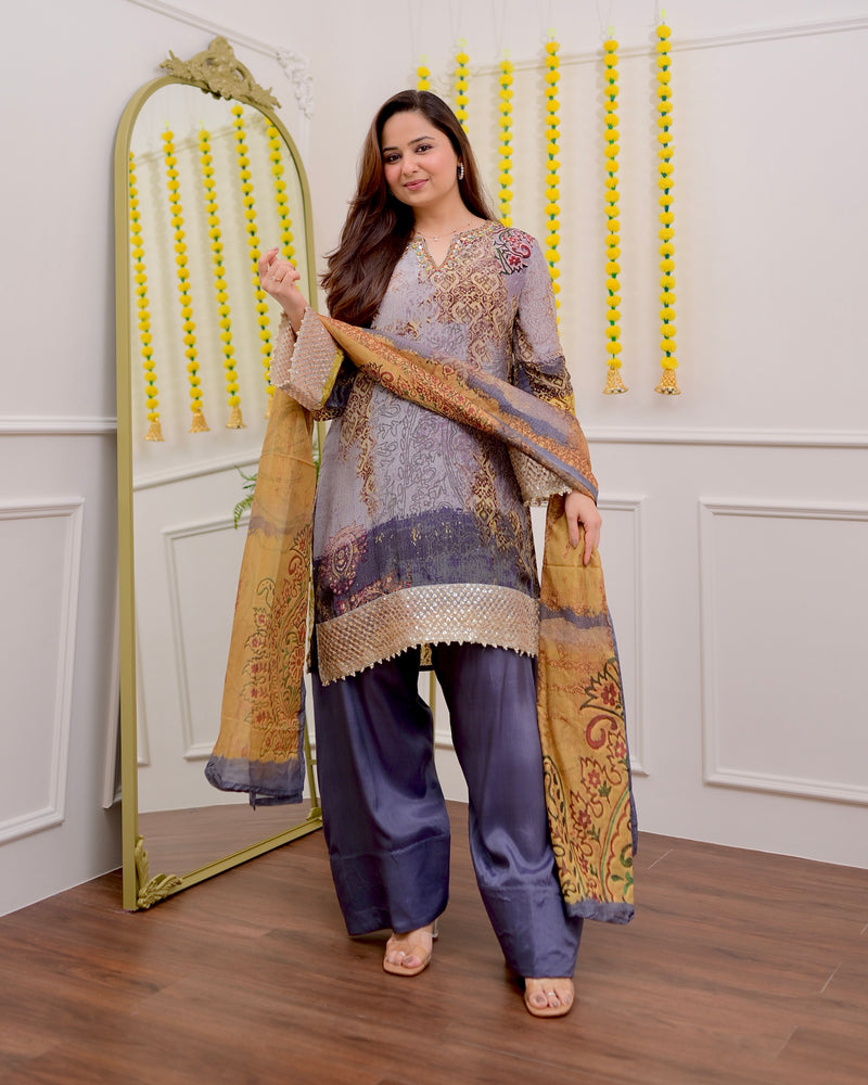 Moonlit Mosaic Crepe Farshi Shalwar Festive Suit