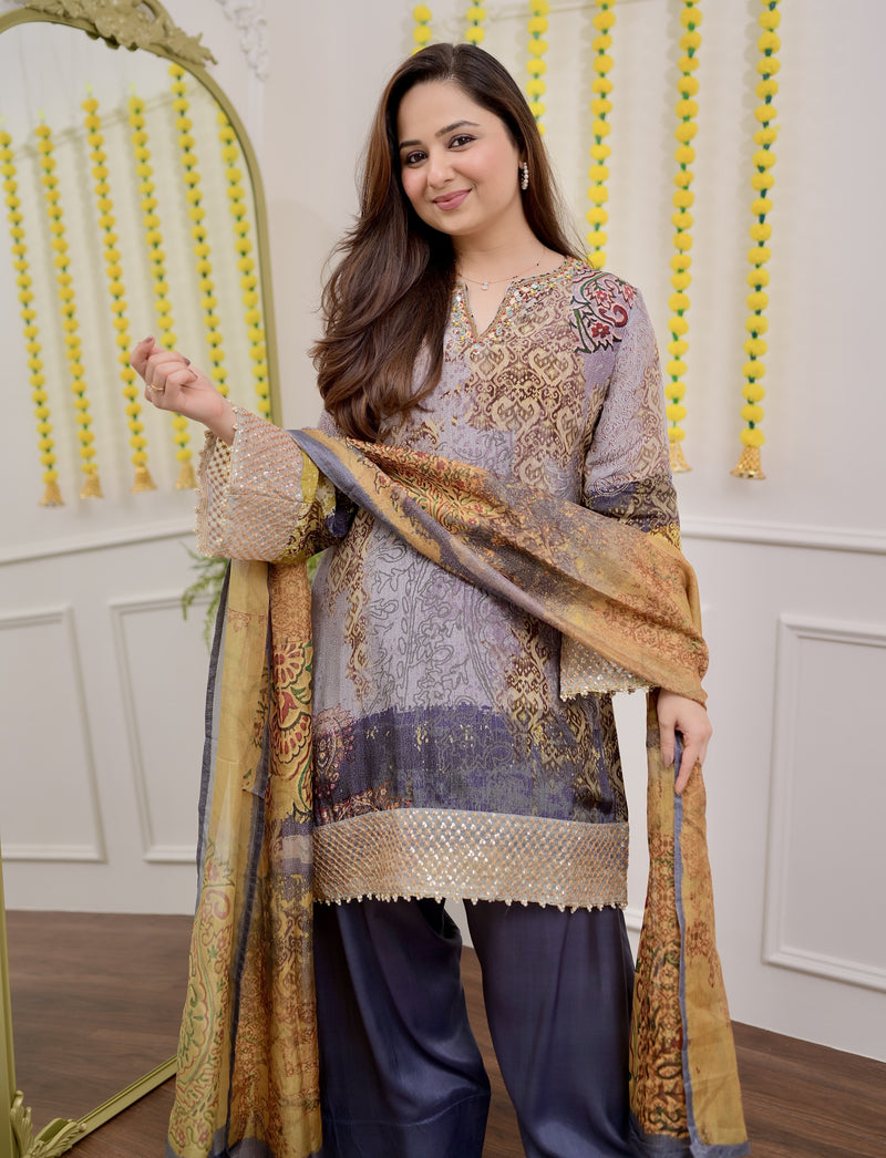 Moonlit Mosaic Crepe Farshi Shalwar Festive Suit
