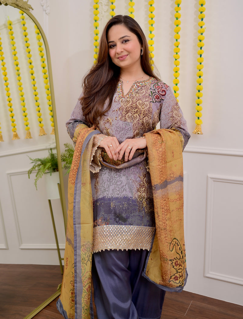 Moonlit Mosaic Crepe Farshi Shalwar Festive Suit
