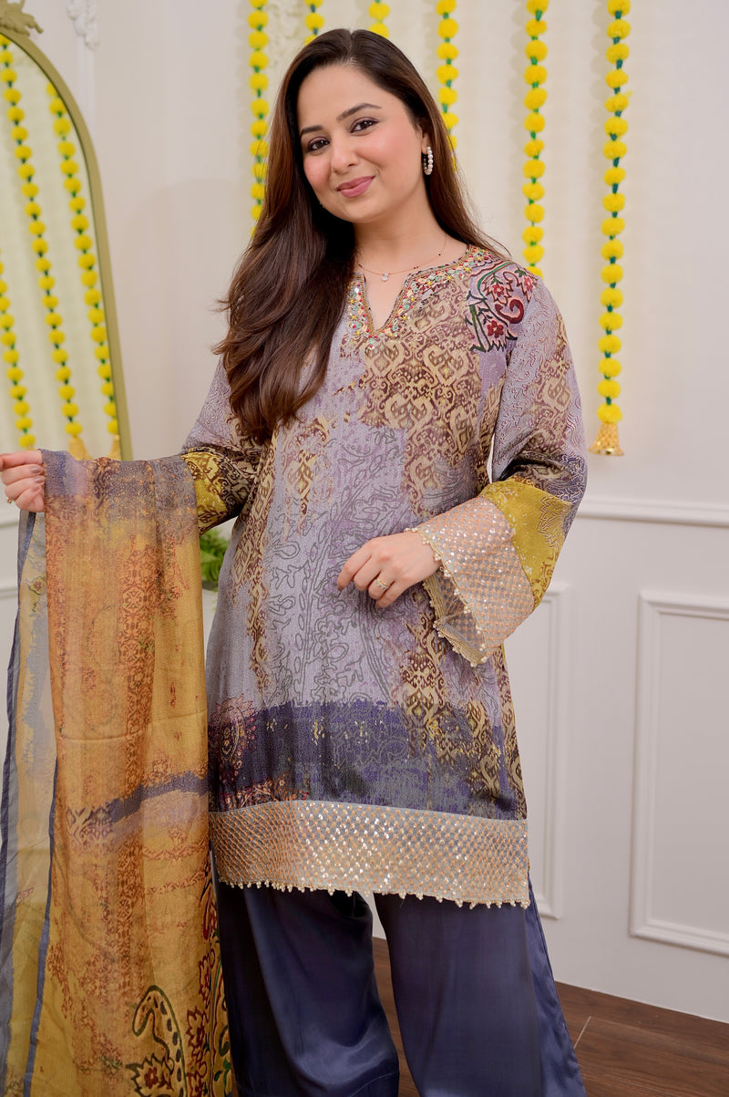 Moonlit Mosaic Crepe Farshi Shalwar Festive Suit
