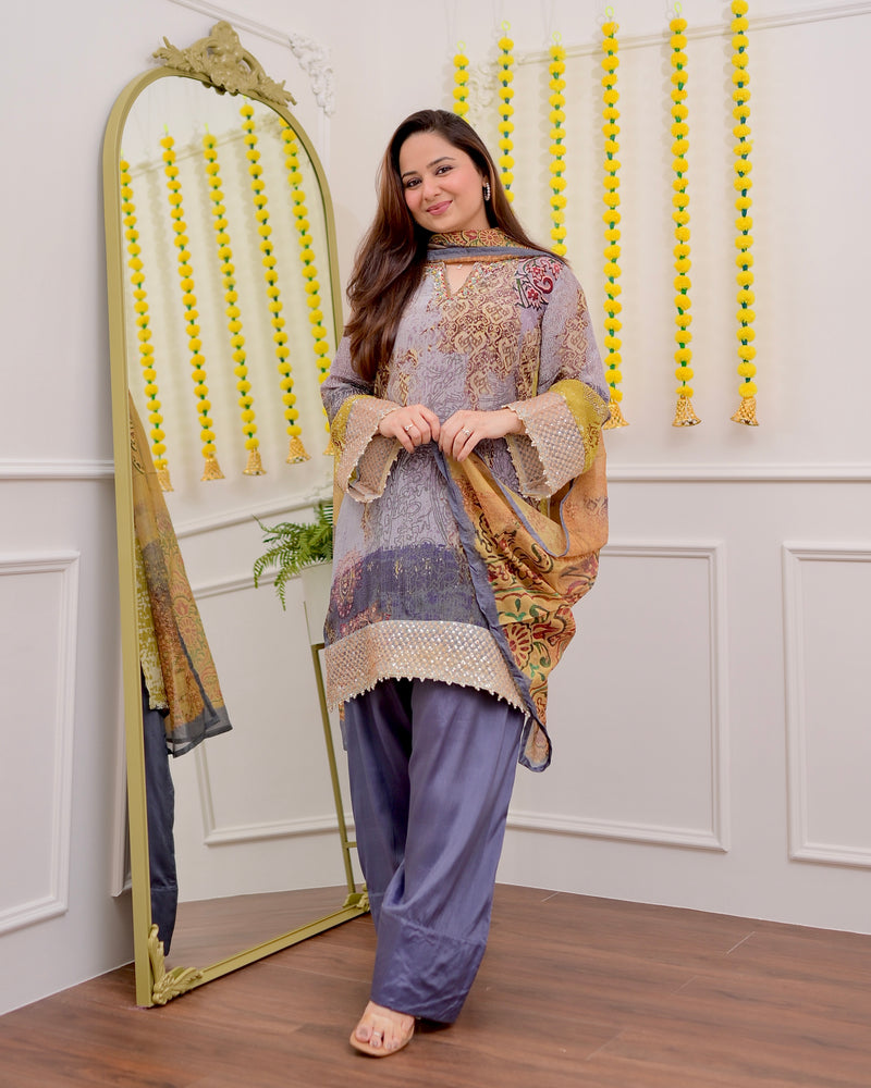 Moonlit Mosaic Crepe Farshi Shalwar Festive Suit