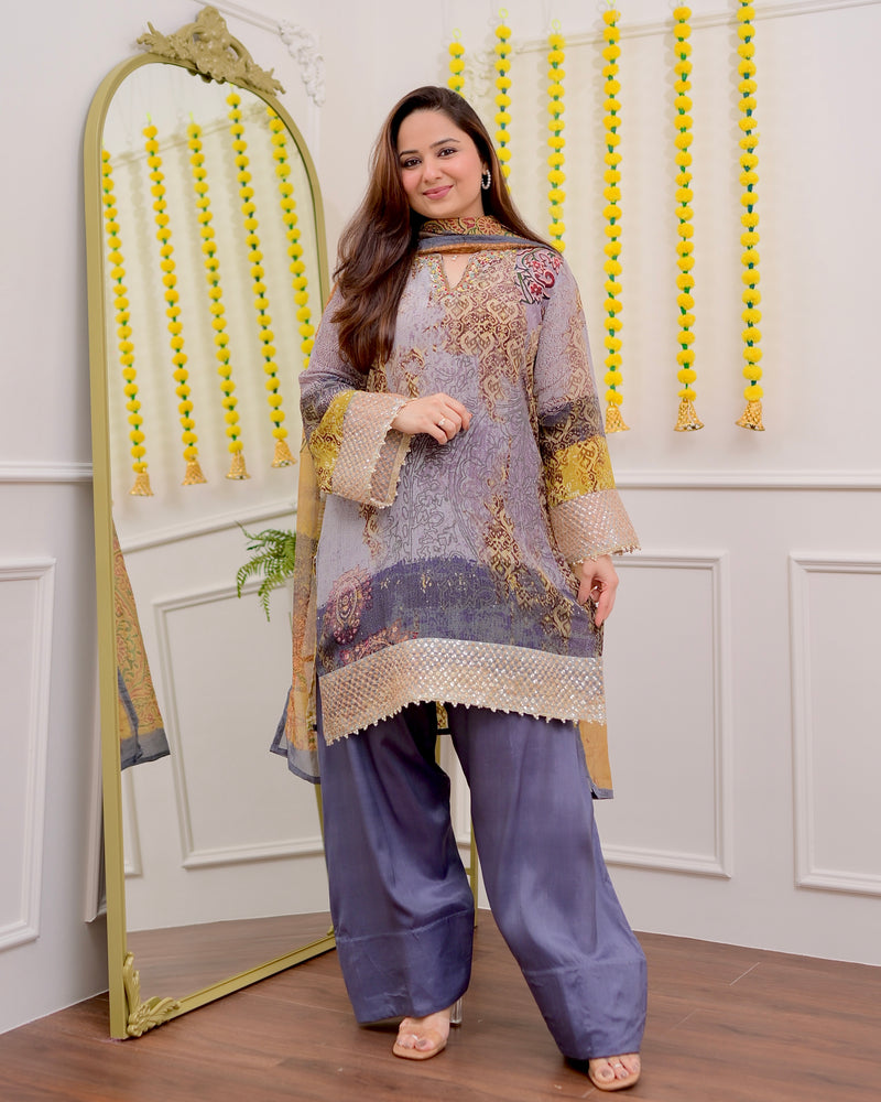 Moonlit Mosaic Crepe Farshi Shalwar Festive Suit