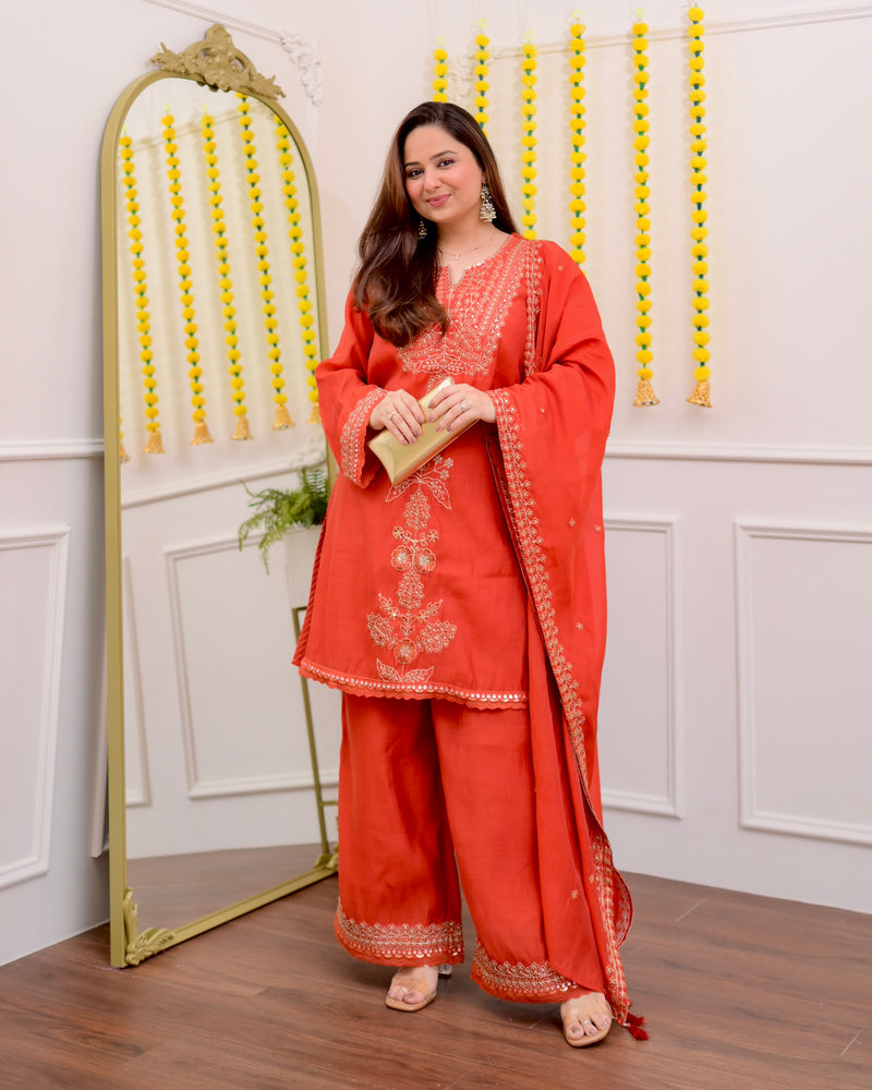 Coral Chanderi Silk Handwork Festive Sharara Set