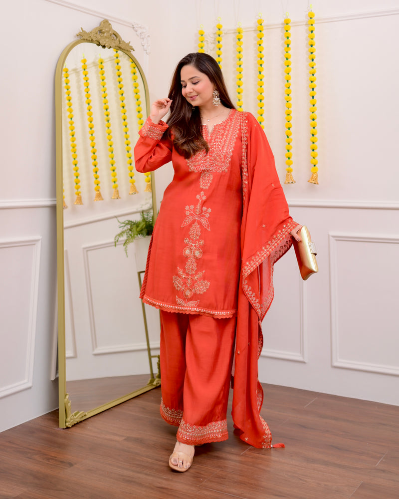 Coral Chanderi Silk Handwork Festive Sharara Set