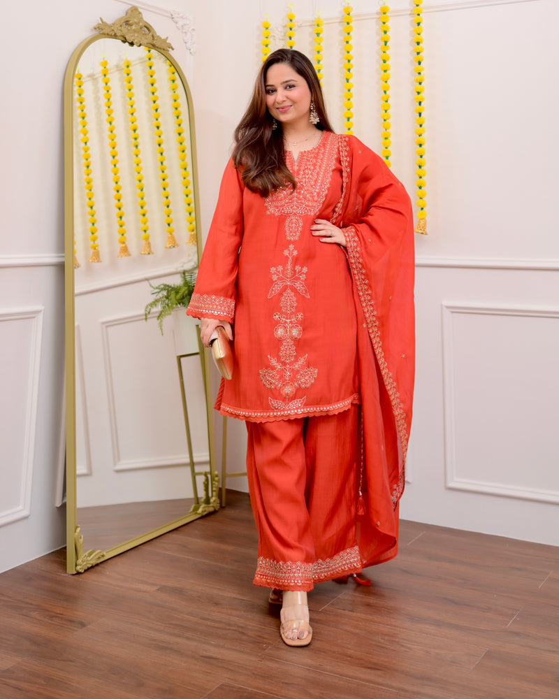 Coral Chanderi Silk Handwork Festive Sharara Set