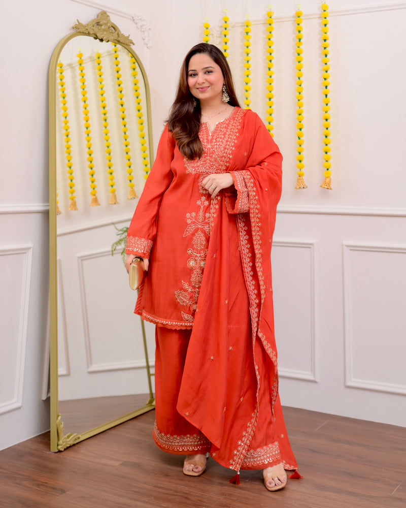 Coral Chanderi Silk Handwork Festive Sharara Set