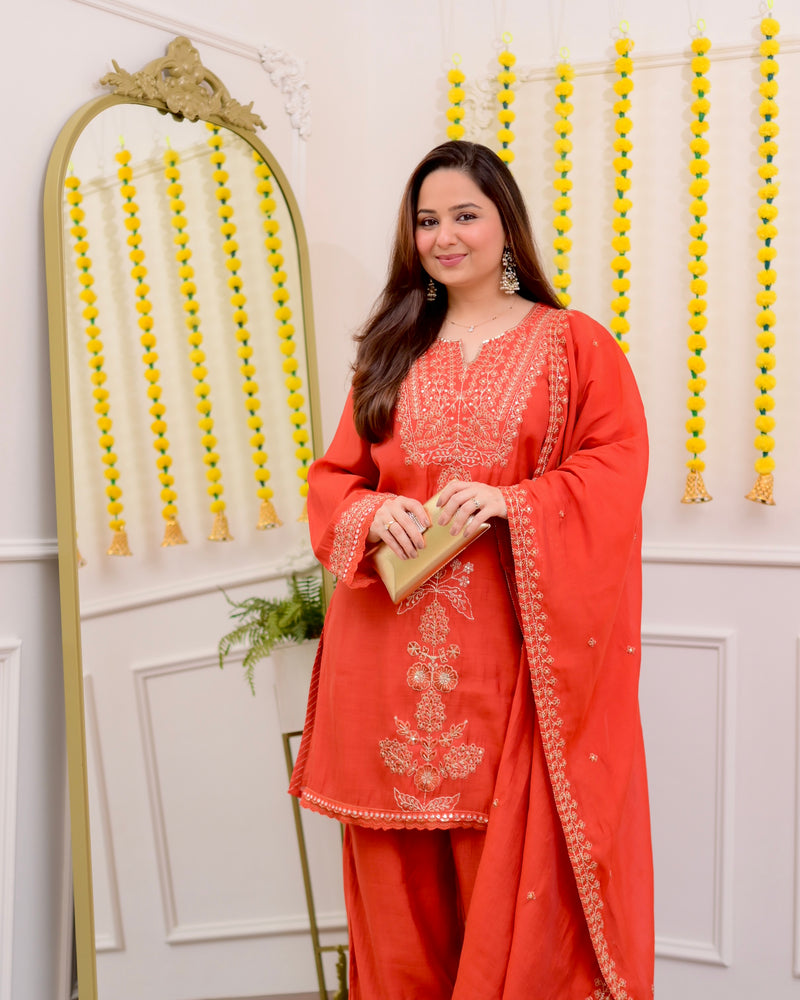 Coral Chanderi Silk Handwork Festive Sharara Set