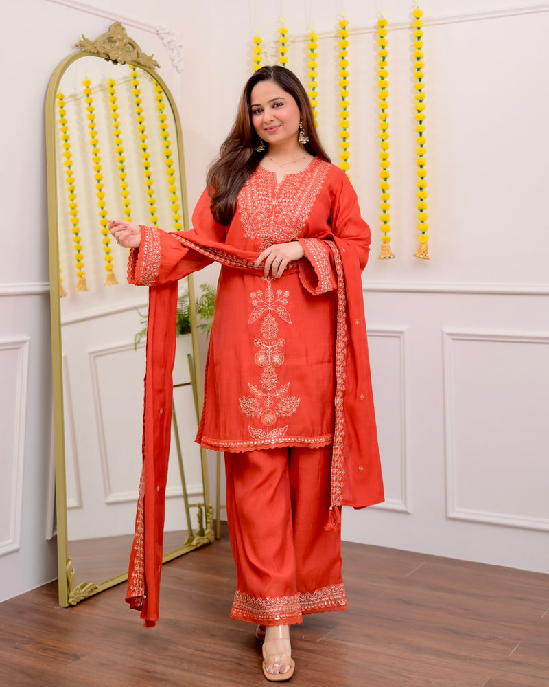 Coral Chanderi Silk Handwork Festive Sharara Set