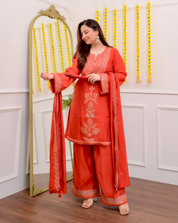 Coral Chanderi Silk Handwork Festive Sharara Set
