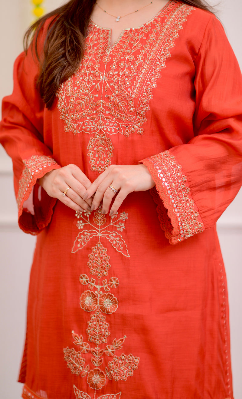 Coral Chanderi Silk Handwork Festive Sharara Set