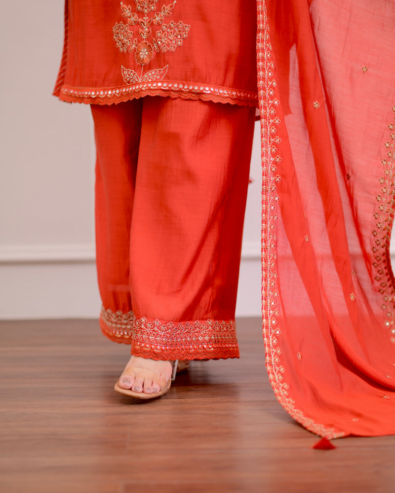 Coral Chanderi Silk Handwork Festive Sharara Set
