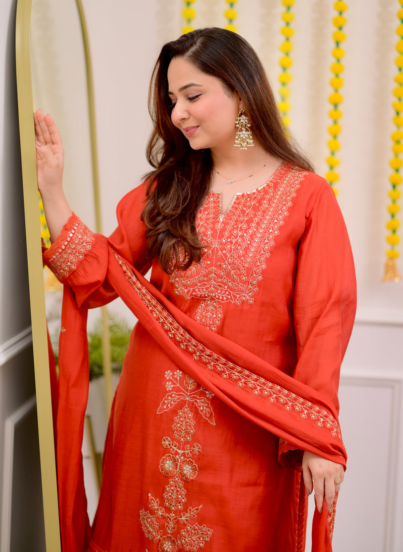 Coral Chanderi Silk Handwork Festive Sharara Set