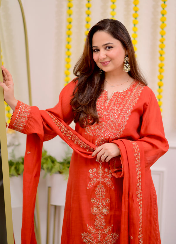 Coral Chanderi Silk Handwork Festive Sharara Set
