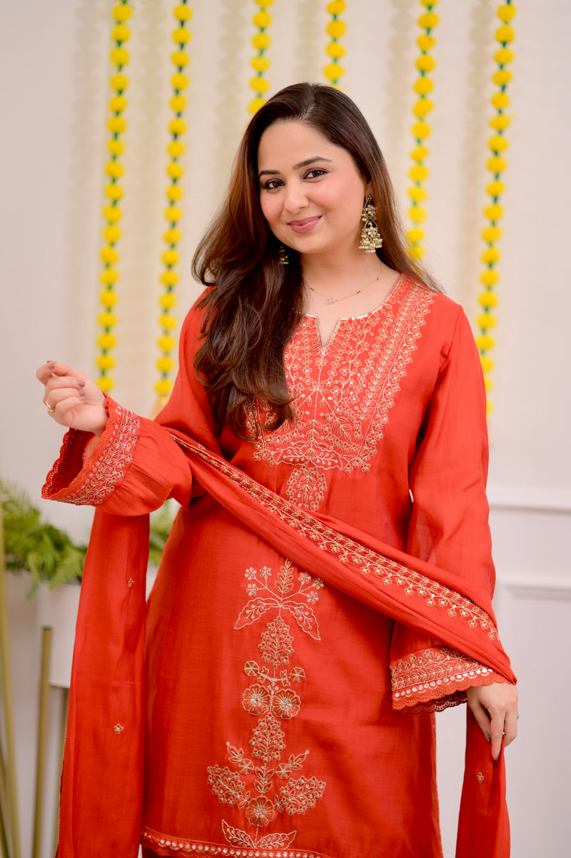 Coral Chanderi Silk Handwork Festive Sharara Set
