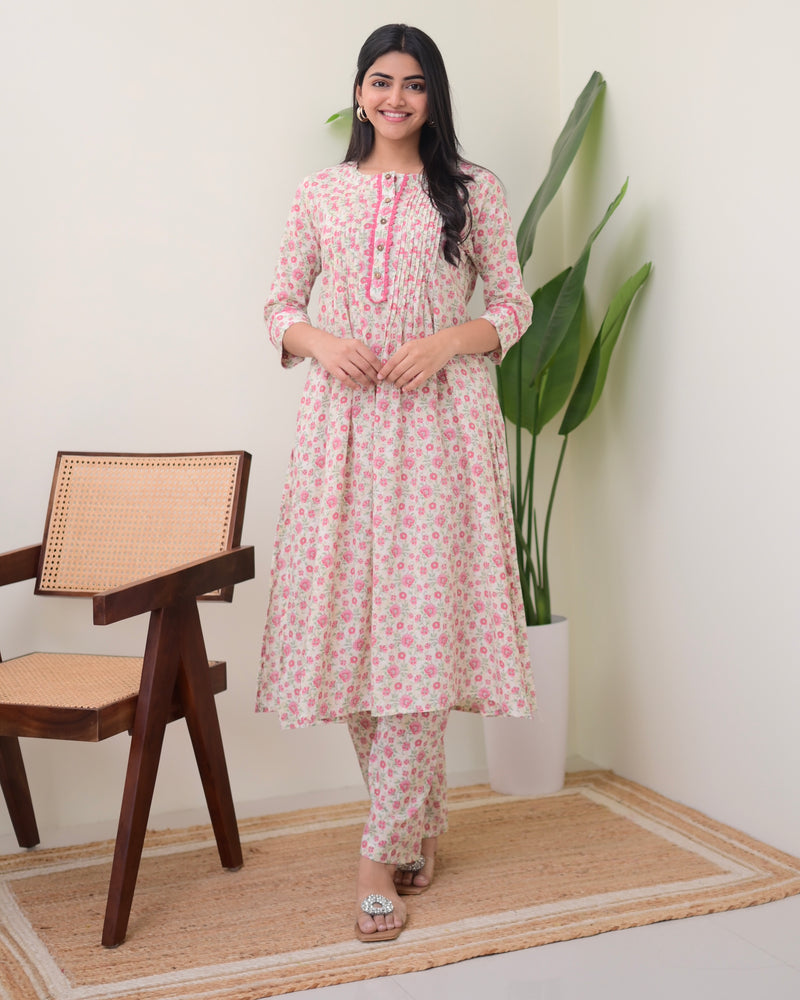 Baby Pink Floral Pintex A Line Cotton Kurta Set
