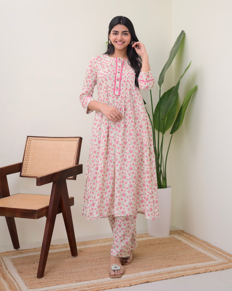 Baby Pink Floral Pintex A Line Cotton Kurta Set