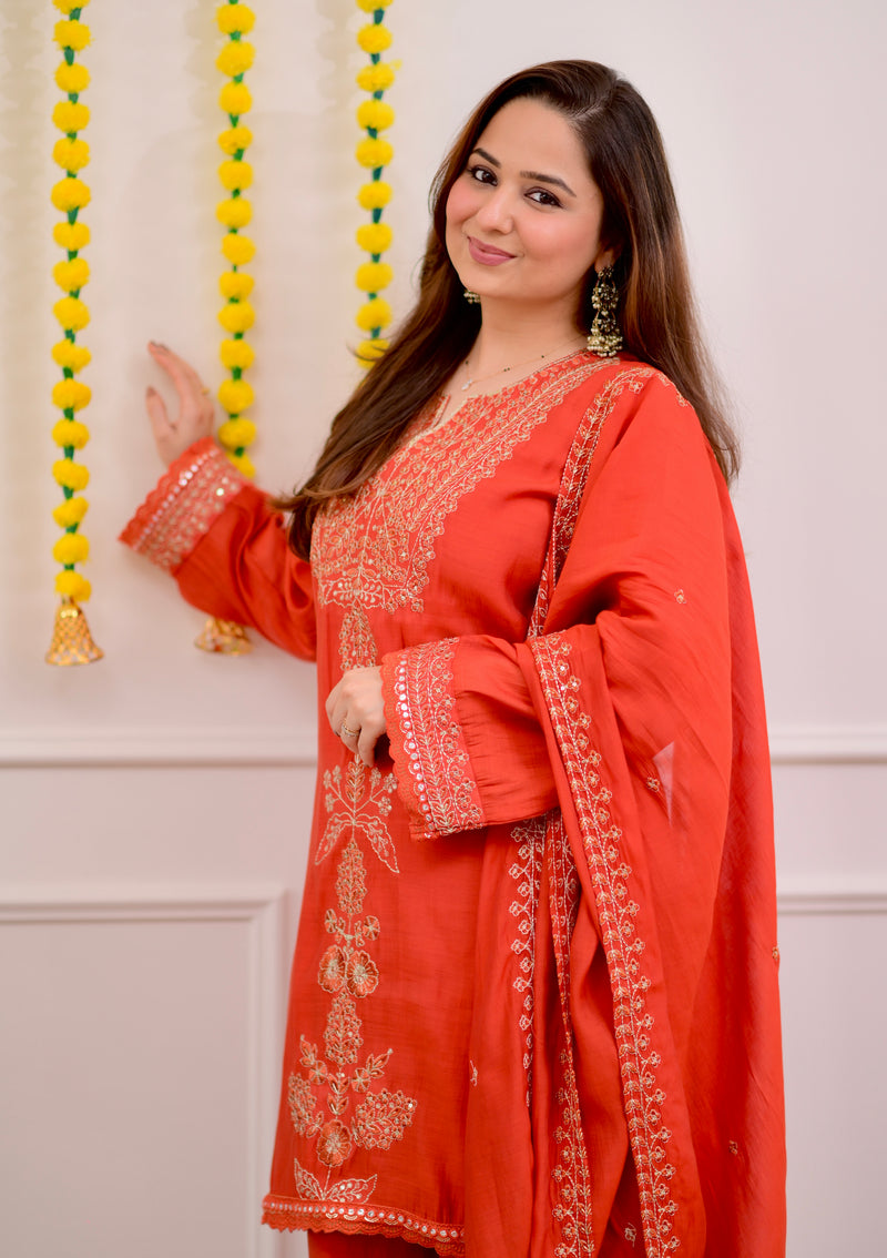 Coral Chanderi Silk Handwork Festive Sharara Set