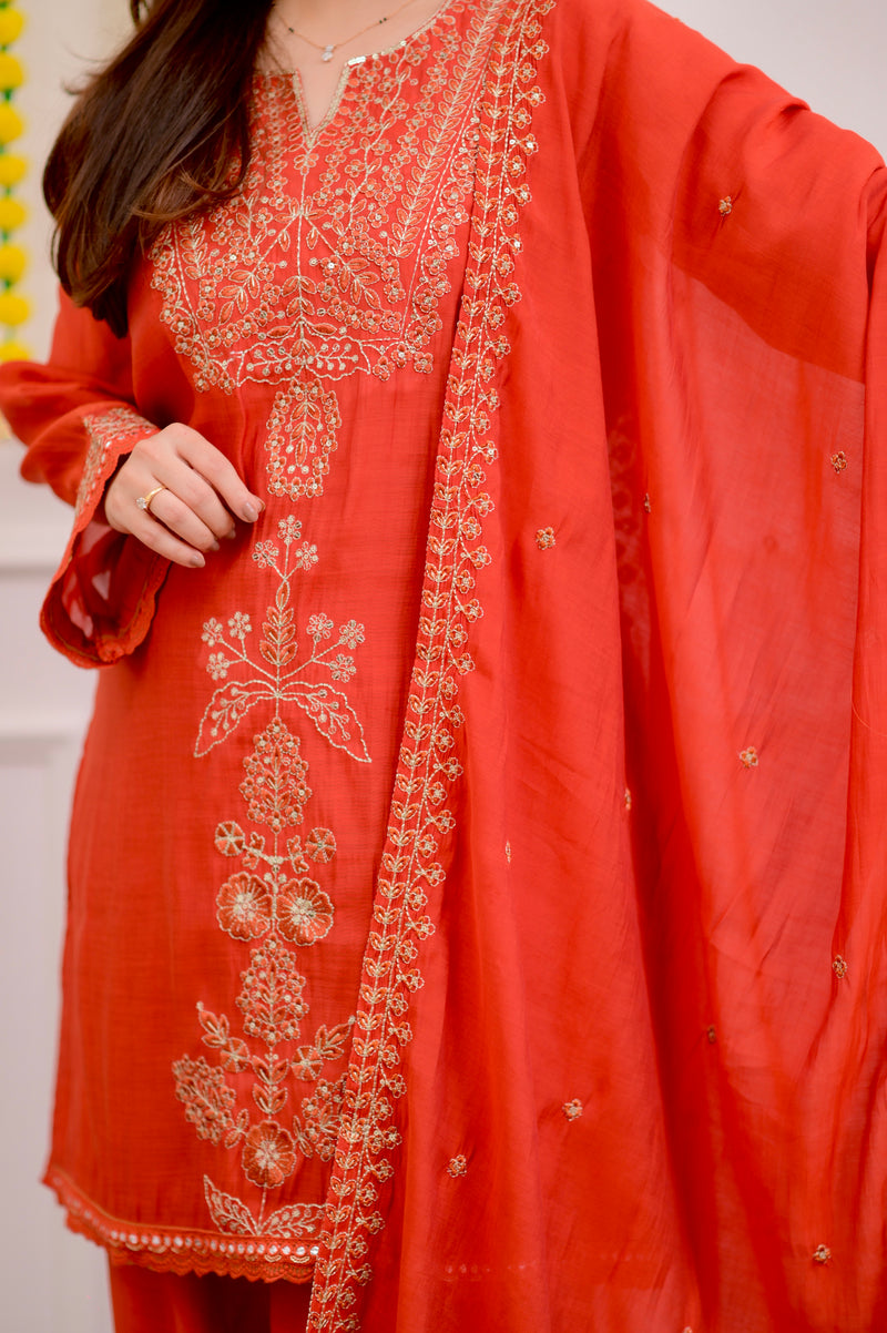 Coral Chanderi Silk Handwork Festive Sharara Set
