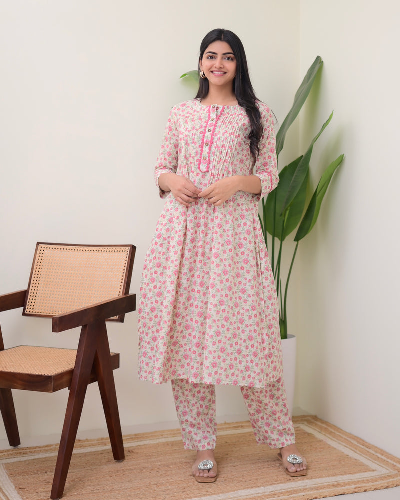 Baby Pink Floral Pintex A Line Cotton Kurta Set