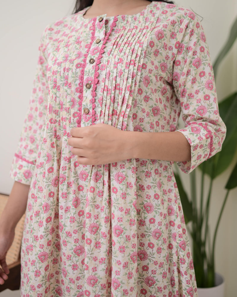Baby Pink Floral Pintex A Line Cotton Kurta Set