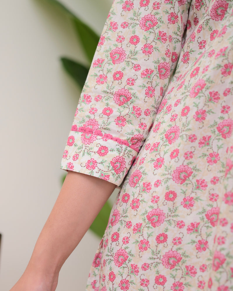 Baby Pink Floral Pintex A Line Cotton Kurta Set