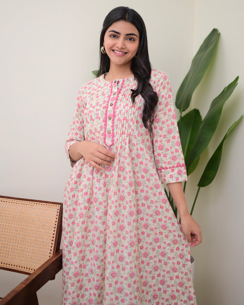 Baby Pink Floral Pintex A Line Cotton Kurta Set