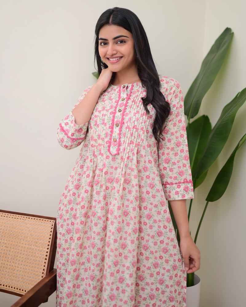 Baby Pink Floral Pintex A Line Cotton Kurta Set