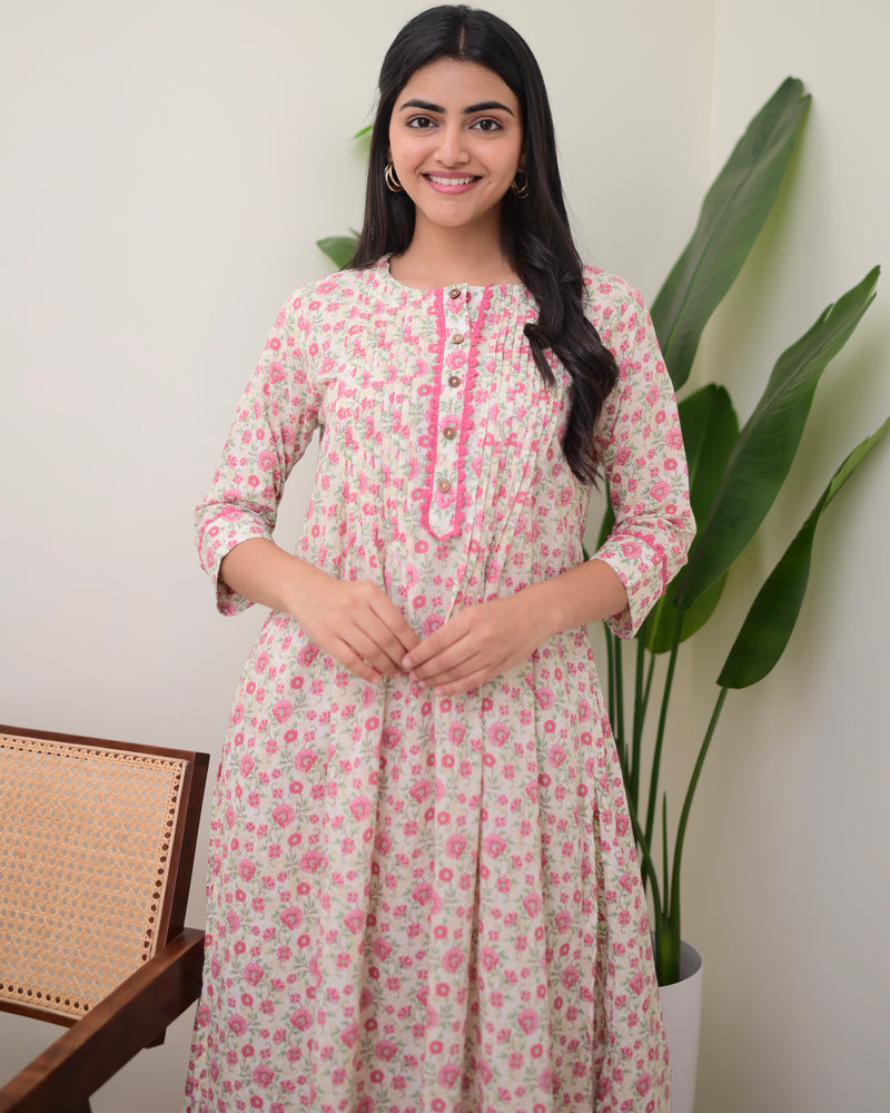 Baby Pink Floral Pintex A Line Cotton Kurta Set