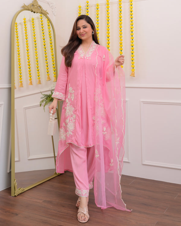 Pink Blush Bloom Threaded Muslin Suit