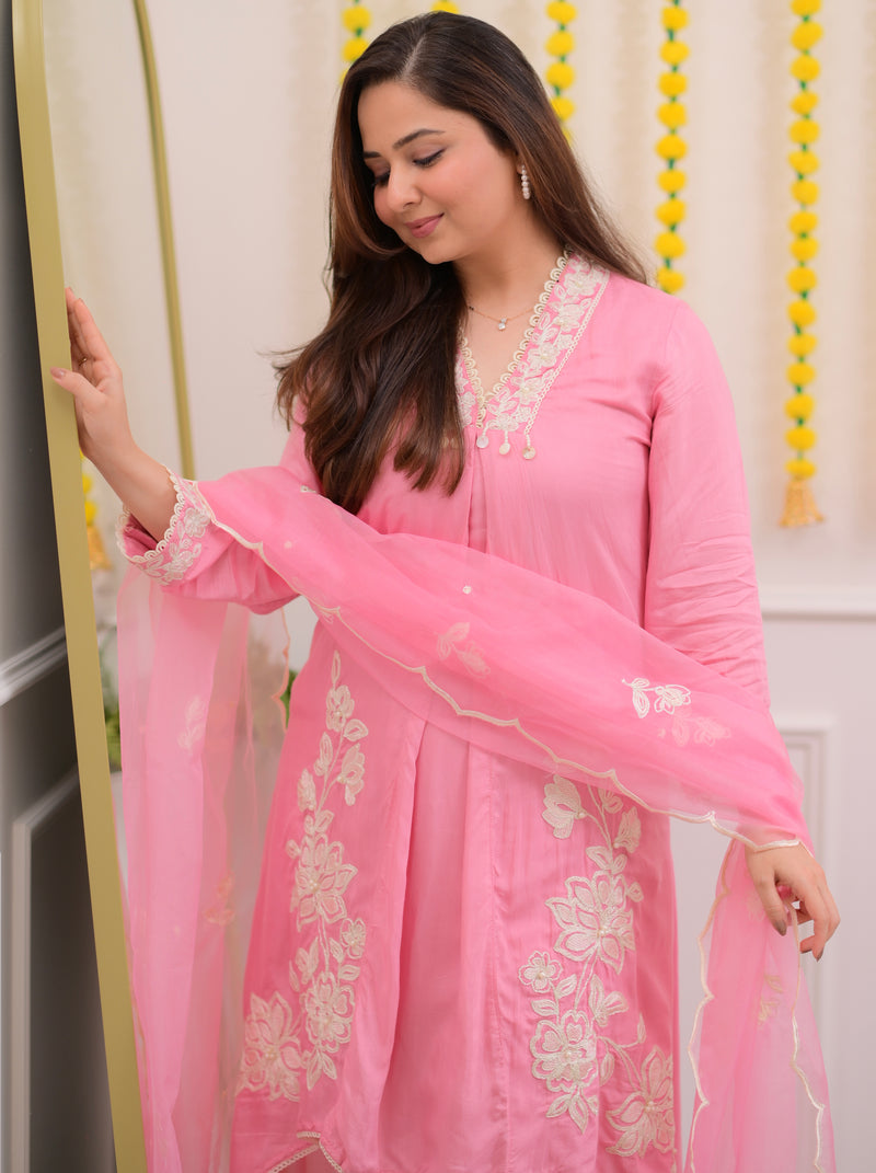 Pink Blush Bloom Threaded Muslin Suit